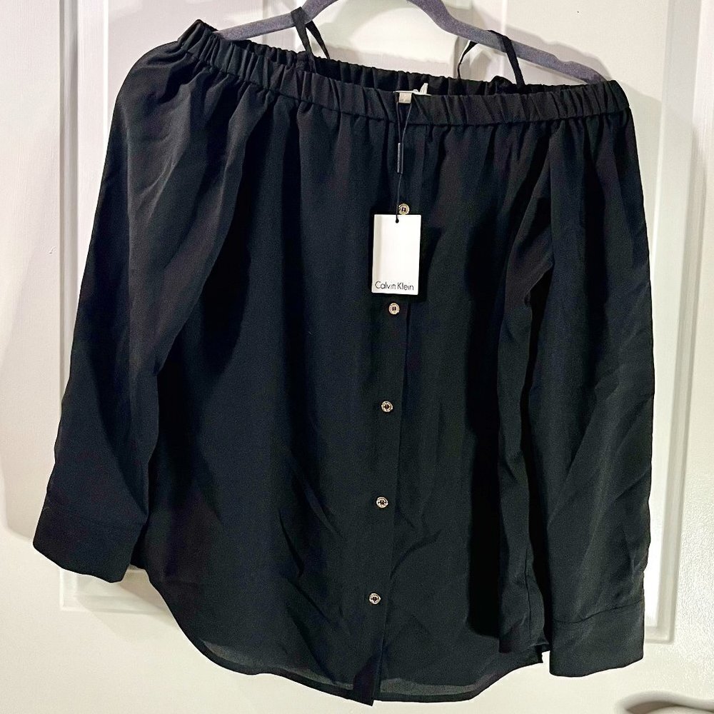 NWT Calvin Klein SZ S Off The Shoulder Black Blouse Adjustable Straps
